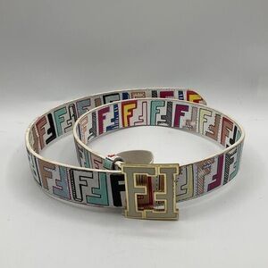 Fendi White Multicolor FF Logo Belt with Gold Buckle
